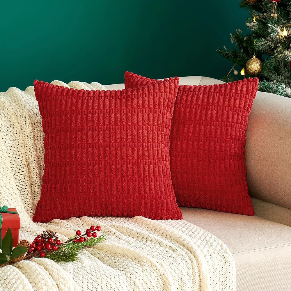MIULEE Euro Sham Pillow Covers - Pack of 2 Red Corduroy, 24x24 Inch Soft Boho Striped Decor for Sofa & Bed