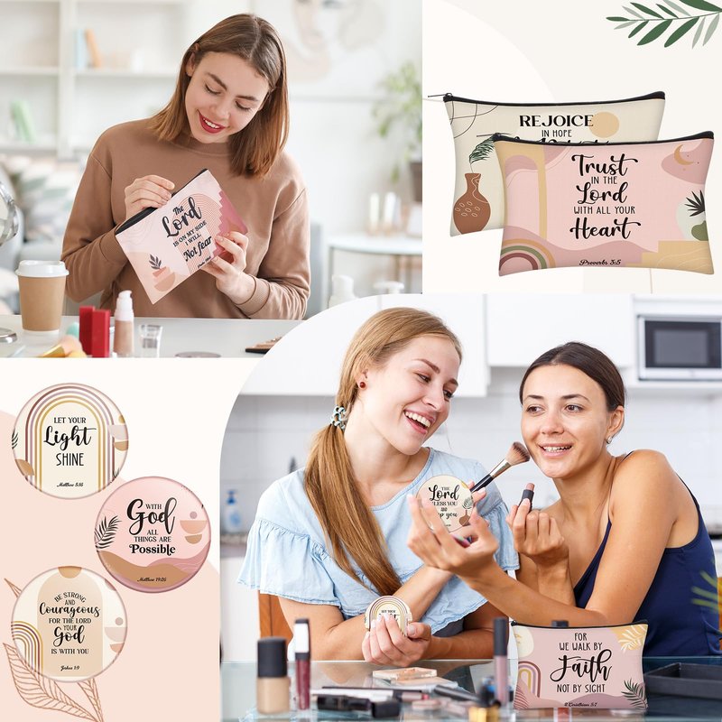 Geelin 24 Pcs Christian Gifts Bulk for Women 12 Religious Canvas Makeup Bags 12 Boho Bible Verse Compact Mirrors Inspirational Church Party Gifts for Women Mother Sister