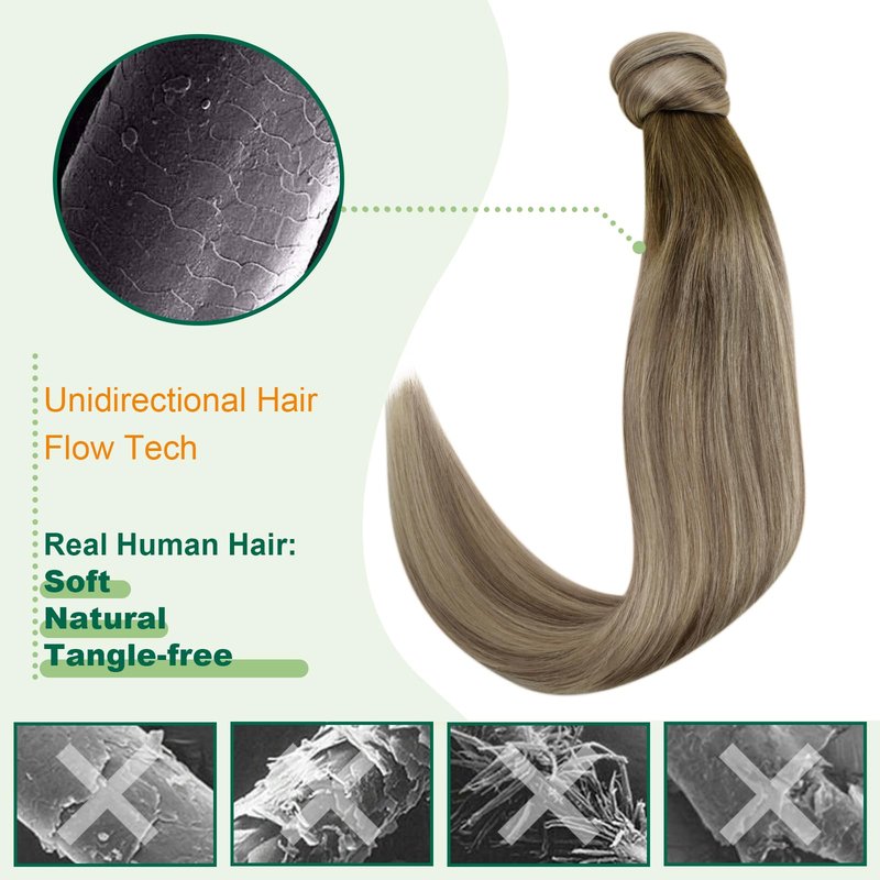 Easyouth Ponytail Extension Human Hair 12 Inch 70G Ombre Brown Human Hair Ponytail Extension for Women Short Lengths Balayage Dark Brown to Light Brown with Blonde Add Volume