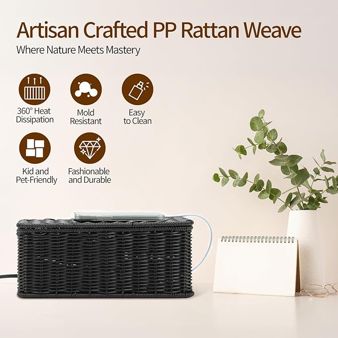 Delamu Handwoven Rattan Small Cable Management Box, Cord Organizer with 2 Open Slots, Desk Cord Hider Box for Computer Router USB Hub Power Strip, 12.5" Lx 5.1" Wx 5.1" H, Black