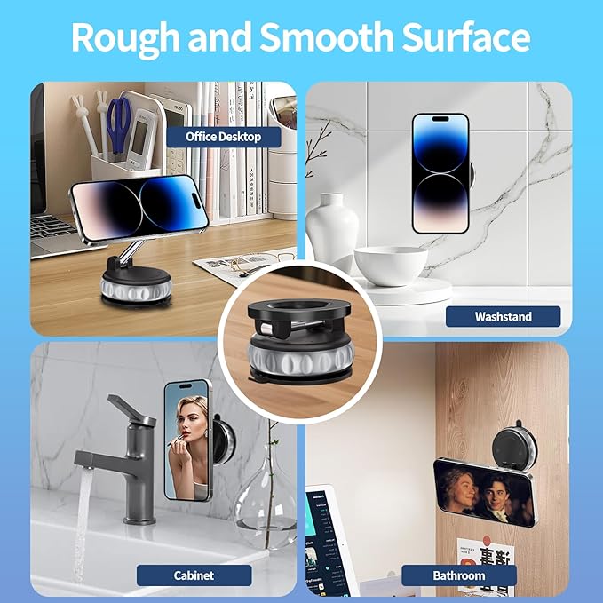 BomSaluka Vacuum Suction Magnetic Phone Holder, 2025 Upgraded Foldable Retractable Magnet Suction Cup Phone Mount for Car, 360° Adjustable Magnetic Phone Stand for Cars/Gyms/Mirrors/Smooth Surface