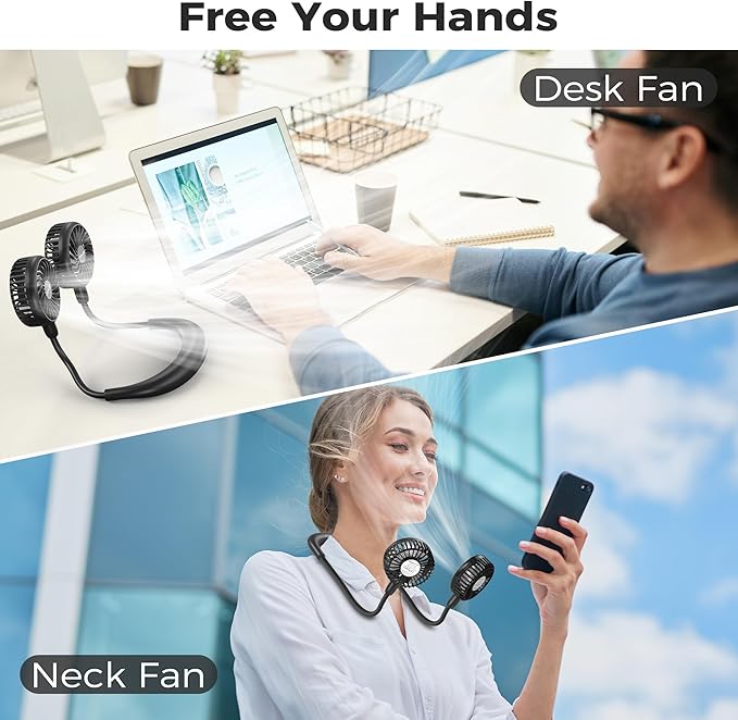 Portable Neck Fan, 5000mAh Rechargeable Battery Powered, 3 Speeds, 360°Adjustable, Double Cooling, Hands-Free Personal Wearable USB Neckband Fan for Home Office Outdoor Travel Sports