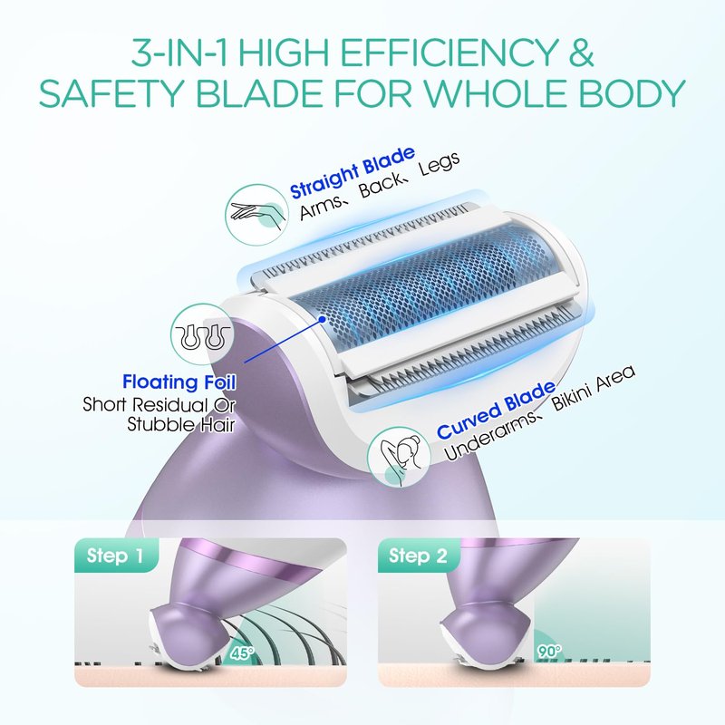 VOYOR Electric Razors for Women 4 in 1 Bikini Trimmer, Foil Shaver for Women 4 Replacement Heads for Body, Pubic Hair Trimmer, Cleansing, Massage 2 Adjustable Speeds Rechargeable Shaver ES501 (Purple)
