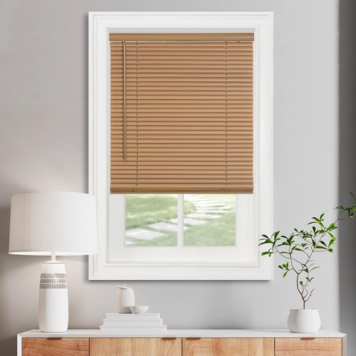 Achim Home Decor Cordless Mini Blinds - Light Filtering Woodtone - 28" Width, 64" Length, 1" Slat Size