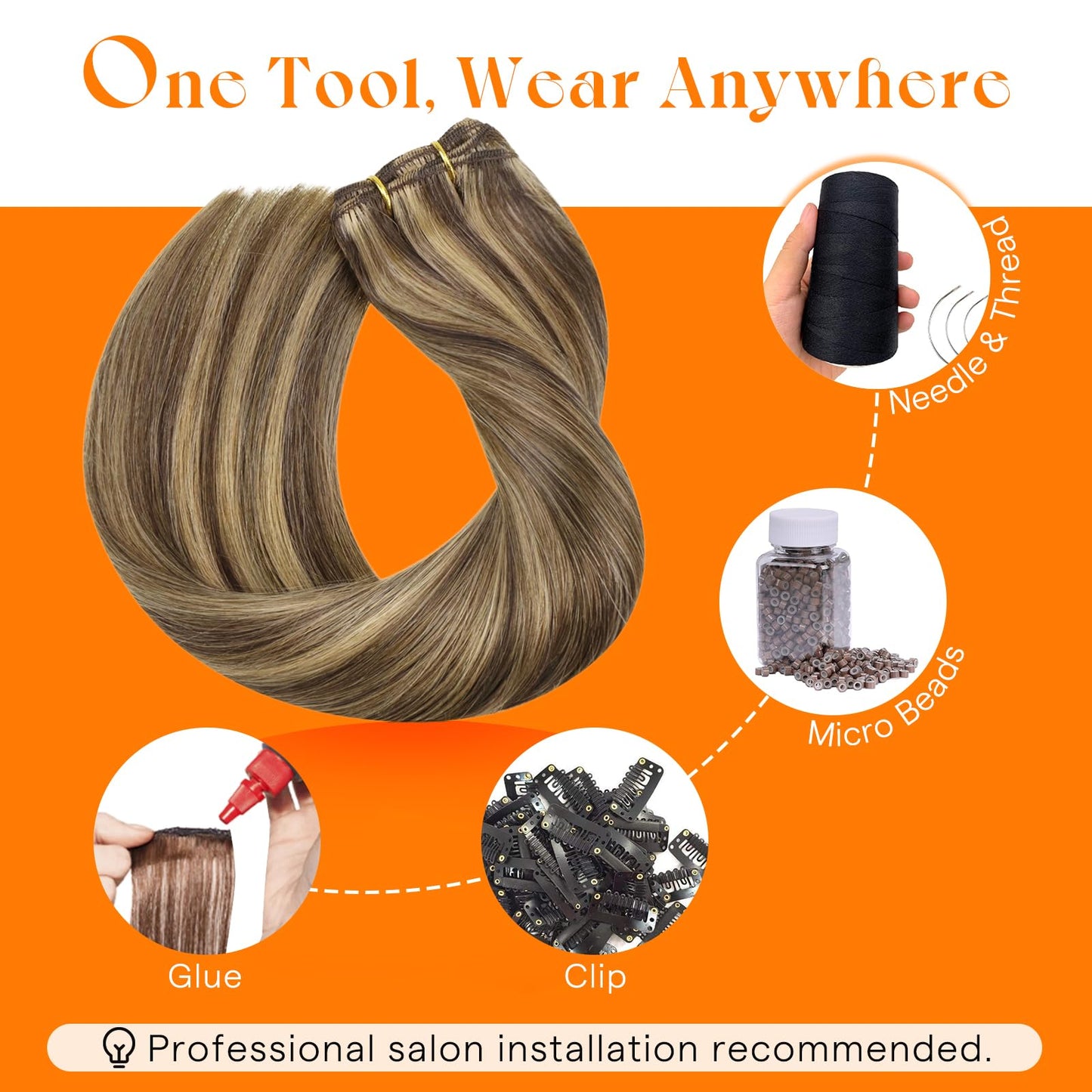 Sunny Hair Sew in Hair Extensions Real Human Hair 100G Highlights Long Hand-Tied Weft Bundles 18 Inch Dark Brown Mix Caramel Blonde Add Volume Can be Styled Natural Look