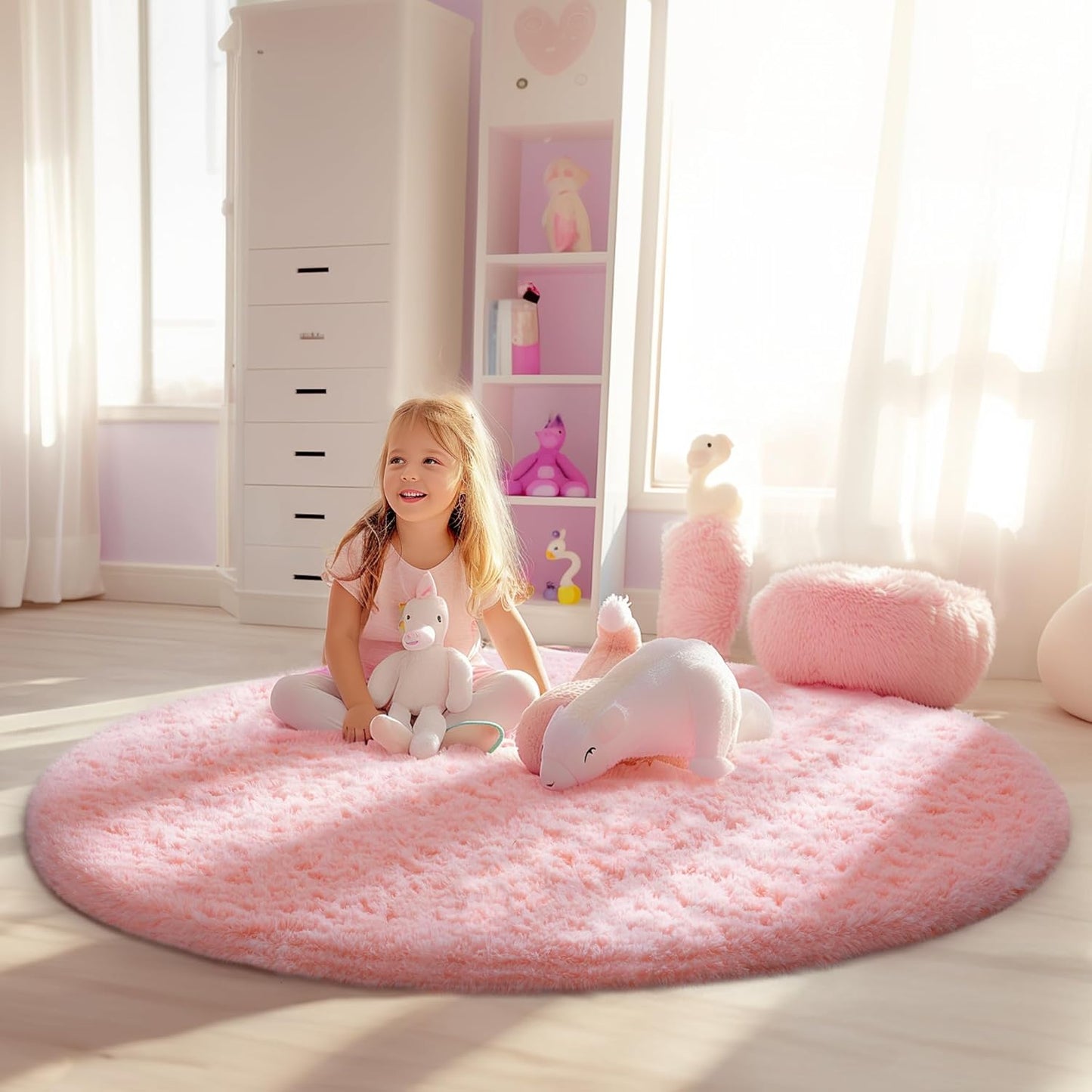 Ophanie Pink Round Rug - Fluffy Kawaii Shag Area Rug for Kids & Teens | 4Ft Plush Carpet for Bedroom Decor