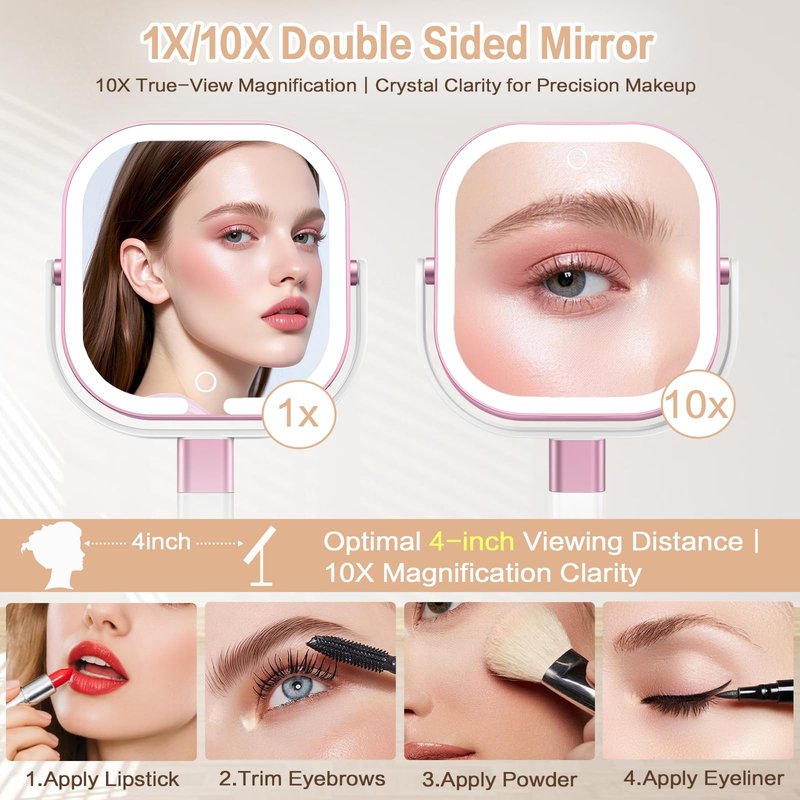 Rosivyphan Makeup Mirror with Lights, 1X/10X Magnifying Vanity Mirror with 3 Colors, 2000mAh Rechargeable Double Sided Magnifying Mirror, Height Brightness Adjustable, 360° Rotation Vanity