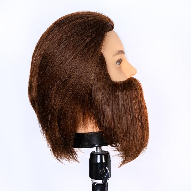 Human Hair Male Mannequin Head - 100% Realistic Cosmetology Display with Stand | Brown with Beard