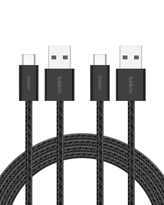 Belkin USB A to USB C Cable 2-Pack, 6.6ft, 15W, iPhone Charger Cord, Soft, Braided, Flexible for iPhone 17 & 16, Galaxy S26, Pixel 10, iPad Pro, Airpods Pro, Switch & More - Black