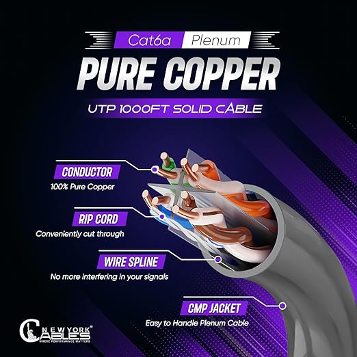Newyork Cables | Cat6a Plenum Ethernet Cable 1000ft Certified 100% Solid Pure Copper 23 AWG, 10Gbps, 750MHz, PoE++ (4PPoE, up to 90 W) | High-Performance Cat 6a Cable for High Speed Networking