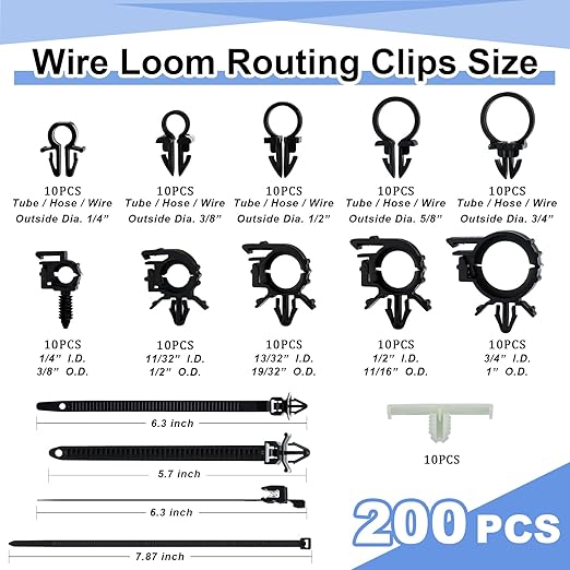 Funnymoom 200pcs Car Wire Loom Routing Clips Push Mount Cable Tie Assortment 15 Sizes Cable Zip Tie with Car Wire Loom Routing Clips Universal Wiring Harness Clip Replacement Parts for Automotive