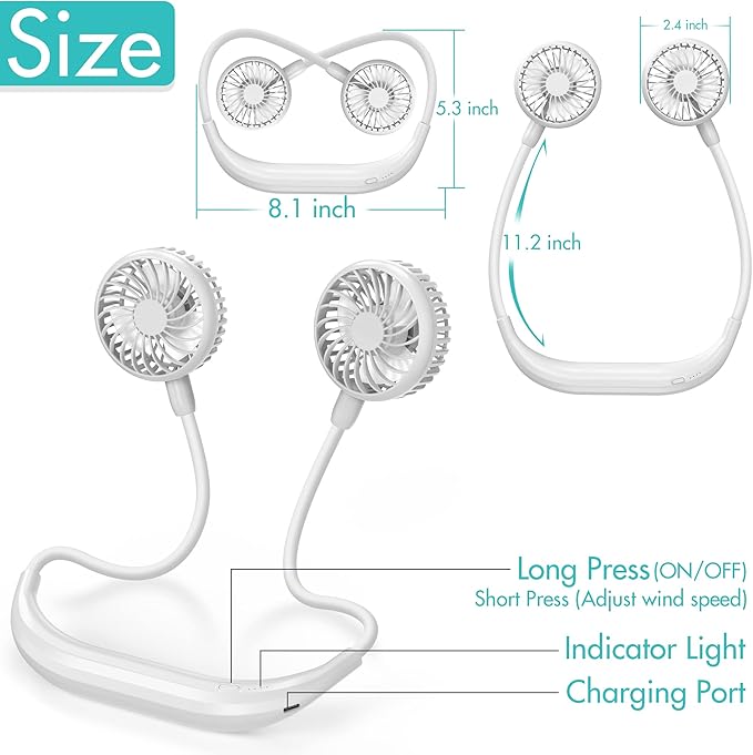 Portable Neck Fan, 2600mAh Battery Operated Ultra Quiet Hands Free USB Fan with 3 Speeds, Strong Wind, 360° Adjustable High Flexibility Wearable Personal Fan for Home Office Outdoor Travel-White