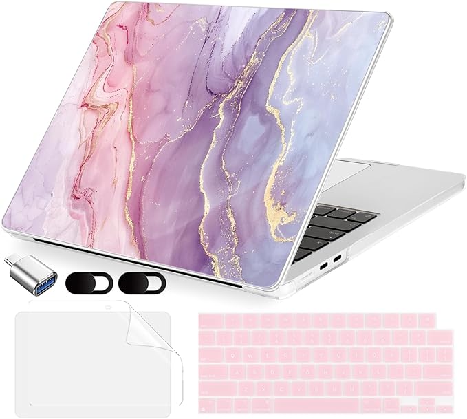 MecBevia Compatible with 2026 M5 MacBook Air 13 inch Case 2026 2025 2024-2022 M5 A3449 M4 A3240 M3 A3113 M2 A2681, Keyboard Cover, Screen Protector, Webcam Cover & Type-C OTG, Pink Marble