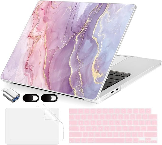 MecBevia Compatible with 2026 M5 MacBook Air 15 inch Case, 2026 2025-2023 M5 A3448 M4 A3241 M3 A3114 M2 A2941, Keyboard Cover, Screen Protector, Webcam Cover & Type-C OTG, Pink Marble