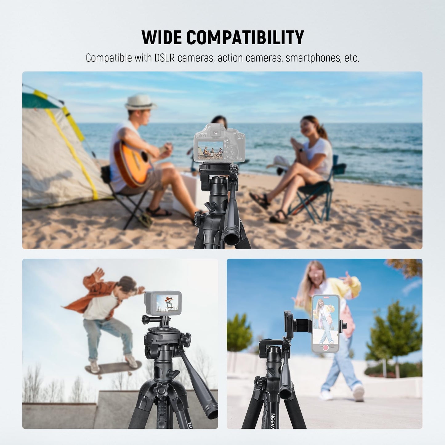 NEEWER Basic 74" Video Tripod Monopod, 3 Way Pan Tilt Head, Remote, Overhead Camera Mount, Horizontal Central Axis, Phone Holder Compatible with iPhone DSLR Telescope Projector, Max Load 17.6lb, TP05