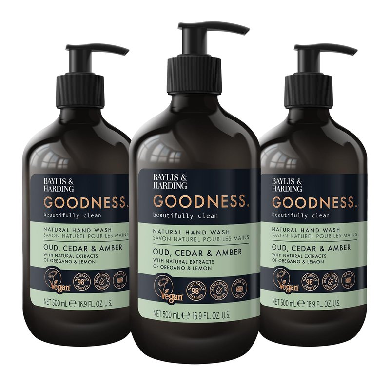 Baylis & Harding Liquid Hand Soap Wash with Dispenser, Goodness, Oud Cedar & Amber, 16.9oz/500ml (3-Pack)