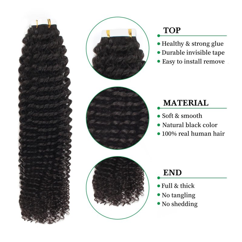 Lovrio Tape in Hair Extensions Human Hair Kinky Curly 50grams 20pcs Double Side Tape ins for Black Women Human Hair 18 inch Natural Black Soft hair Invisibe Curly Tape in Hair Extensions