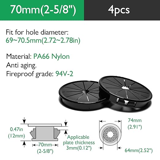EASYEAH 4PCS Cable Grommets, 2-5/8"(70mm) Desk Hole Cover Petal Shaped Buckle Type Nylon Snap Bushing Grommet, Wire Hole Cover Insert for Cables and Cords Management and Protection of Cabinet, Black