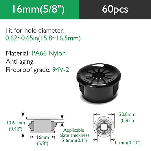 EASYEAH 60PCS Cable Grommets, 5/8"(16mm) Desk Hole Cover Petal Shaped Buckle Type Nylon Snap Bushing Grommet, Wire Hole Cover Insert for Cables and Cords Management and Protection of Cabinet, Black