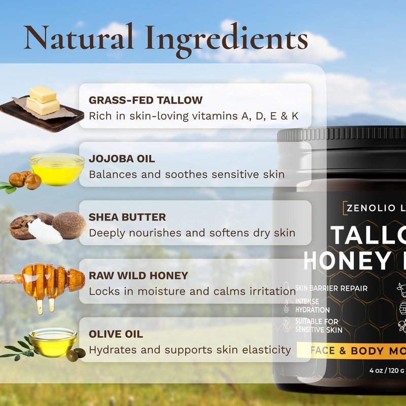 Beef Tallow Face Moisturizer - Whipped Grass-Fed Balm with Raw Honey & Beeswax | Hydrating Cream for Dry, Sensitive Skin