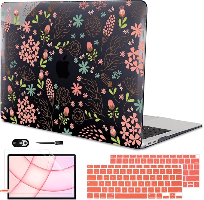 LCMOCICO for MacBook Air 13 inch Case 2021 2020 2019 2018 Release M1 A2337 A2179 A1932, Pritned Pattern Plastic Hard Case Cover for MacBook Air 13.3" Retina Display Touch ID, Seamless Flower Black