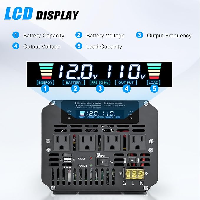 LVYUAN 5000 Watt Power Inverter 12V to 110V 120V with 4 AC Outlets, LCD Display, Wireless Remote Control for Vehicle, Solar System, Heavy Duty, RV, Truck, Off Grid, Camping