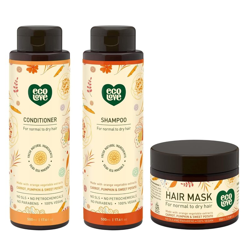 Natural Conditioner, Shampoo & Mask for Dry, Damaged Hair | Vegan, SLS-Free, 17.6 oz - Carrot & Pumpkin Extract