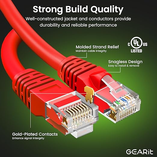 GEARit Cat 6 Ethernet Patch Cables 3 ft Red (Cat 6 Ethernet Cables 3 ft 24-Pack), CAT6 High Speed 24AWG 10Gbps RJ45 Snagless Gold-Plated, Ethernet Cable for Router, Switch, PC, PS5 Gaming, Server