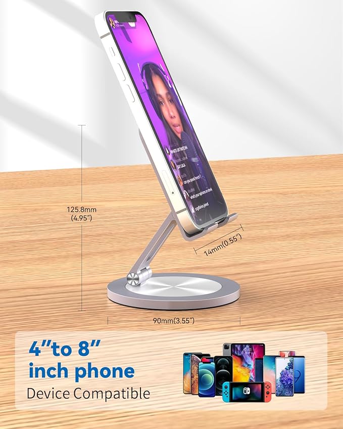 YCNEW Phone Stand for Desk, 360° Rotating Dual Adjustable Foldable Holder, Heavy Solid All-Aluminum Base Anti-Slip Stable Support for Home Office Study, Fits iPhone Galaxy 4-8" Phones (Grey)