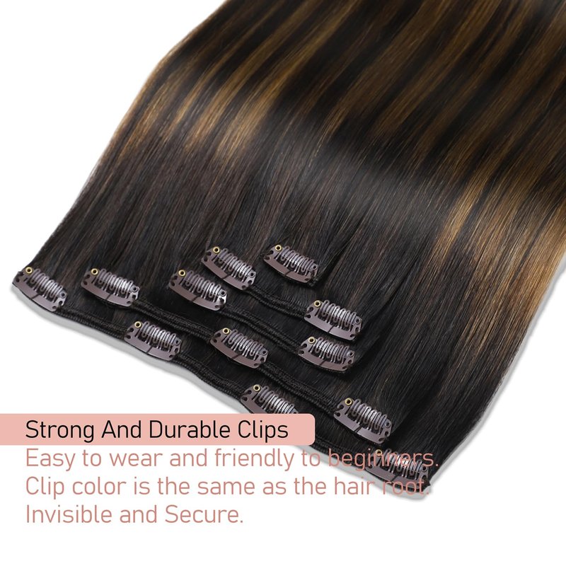 Hair Extensions Real Human Hair Balayage Clip in Hair Extensions Remy Human Hair Dark Brown to Chestnut Brown 18 Inch Straight Hair Extension Clip ins 80g/5pcs Double Weft