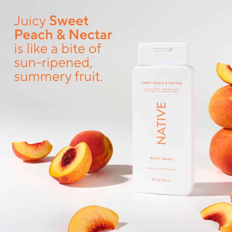 Native Sweet Peach & Nectar Scent 24-Hr Refreshing Clean Body Wash for Women & Men, for All Skin Types Incl. Sensitive, Leaves Skin Feeling Clean & Soft, with Gourmand Fragrance, 18 oz