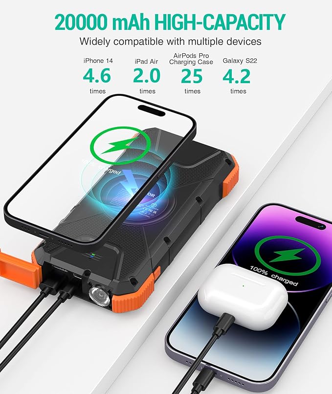 BLAVOR Solar Power Bank 20000mAh Wireless Portable Charger Built-in Cables, 20W Fast Charging USB C Battery Pack for iPhone 17/16/15/14, iPad, Samsung, Solar Charger with Flashlight for Camping