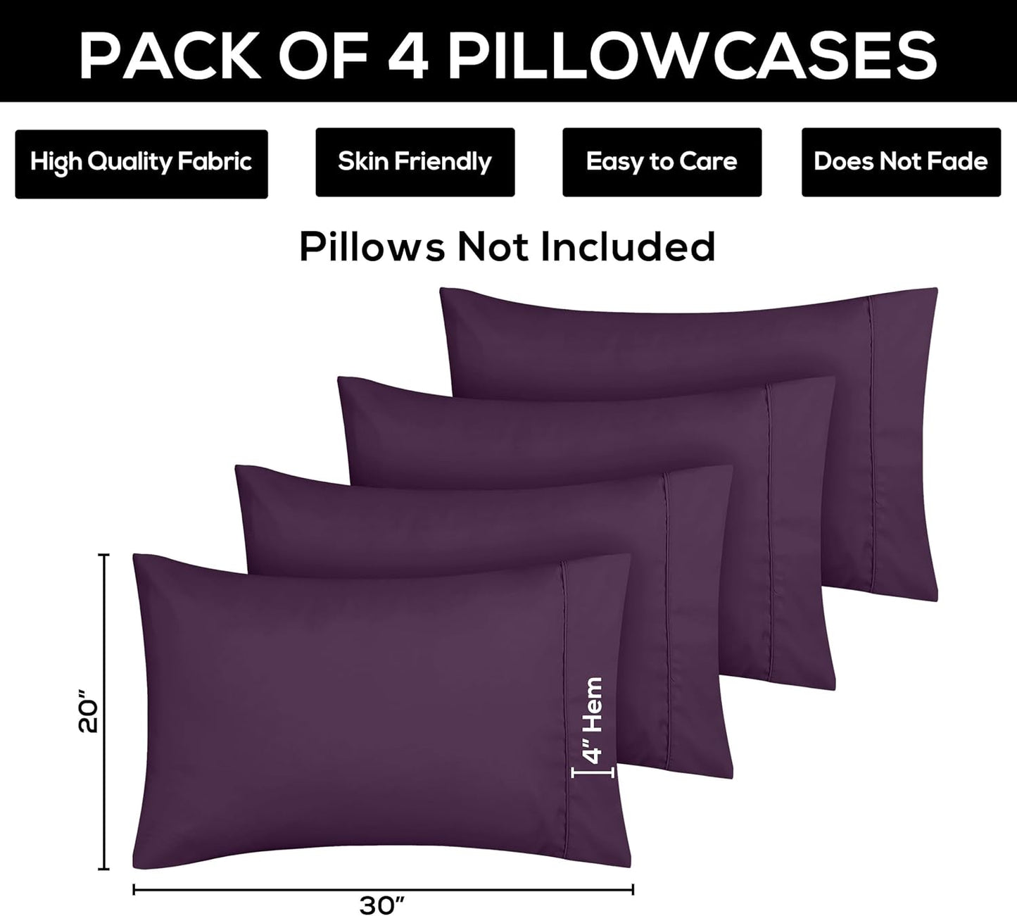 Utopia Bedding King Pillow Cases - Soft Brushed Microfiber - 4 Pack, 20 X 40 Inches, Purple