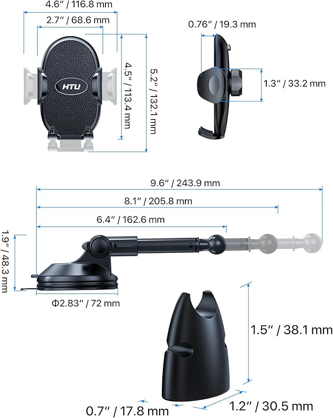 HTU 【Military-Grade Suction】 Cell Phone Holder for Car【Flexible Telescopic Arm】 Car Phone Mount Stand for Dashboard Windshield for iPhone 17 16 Pro Max 15 14 13 12 Samsung Truck Jeep, Black