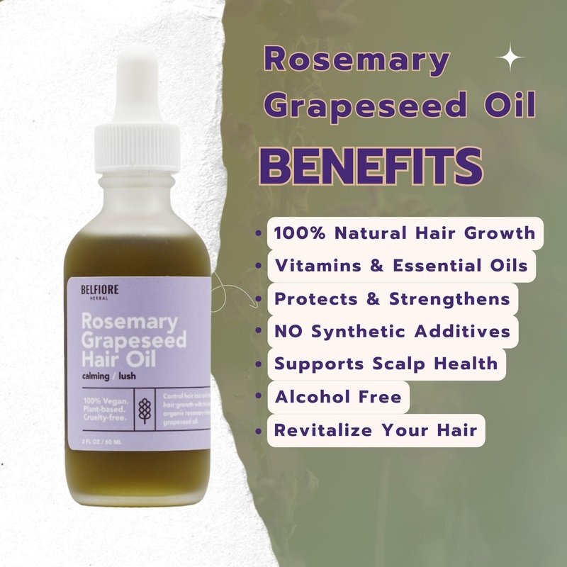 Belfiore Herbal Organic Rosemary Grapeseed Oil, 100% Natural Hair Growth, Vitamins & Essential Oils Protects Strengthens, Cruelty-Free, 2oz