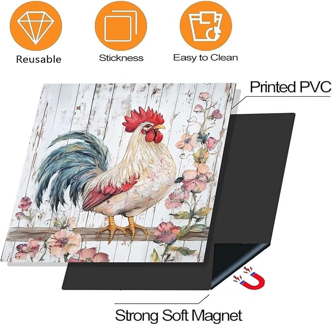Generic Country Rooster Dishwasher Magnet Cover, Rustic Flowers Magnetic Refrigerator Panel Decals Farmhouse Chicken Floral Decorative Wood Grain Magnet Stickers Home Seasons Decor,23x26 in