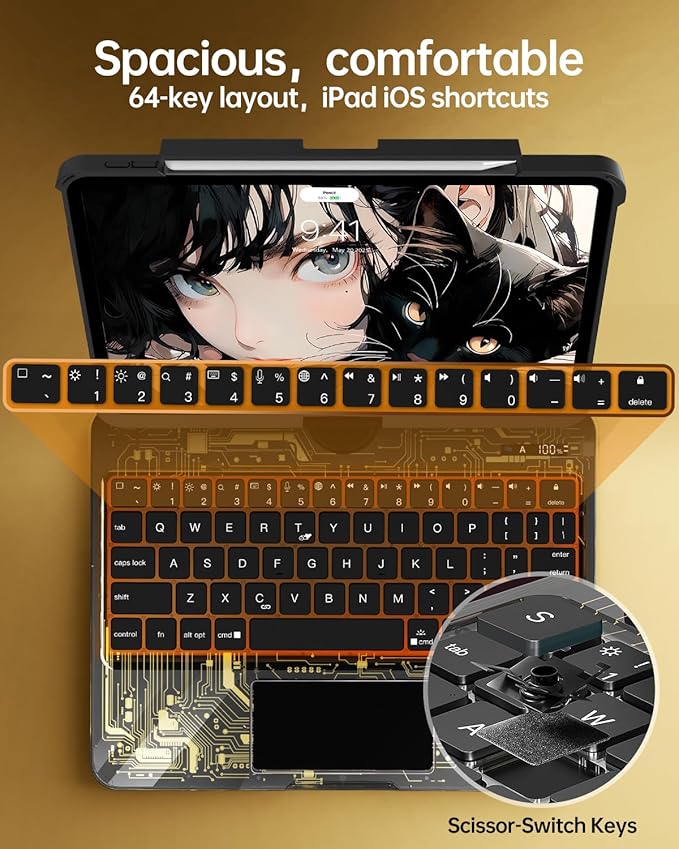 Intermerge Transparent Case with Keyboard for iPad Air 13"(M4/ M3/ M2, 2026/2025/ 2024) & Pro 12.9" (2022-2018) - 360° Swivel Multi-Touch Trackpad, 7-Color Backlit, Pencil Holder, Shadow Pulse