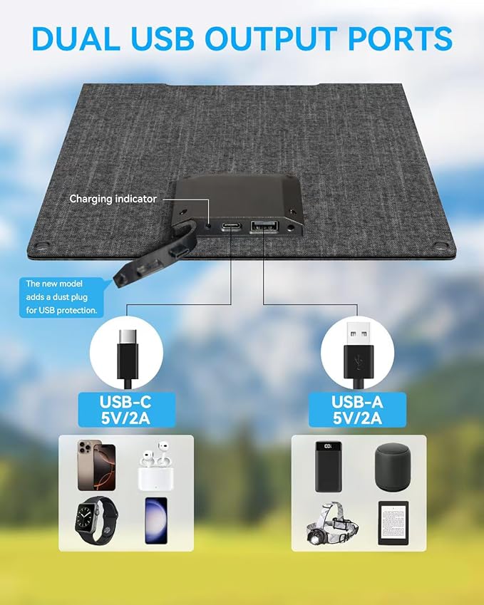 Ecosonique 15W Small Solar Panel Charger with USB-C & USB-A ETFE Foldable