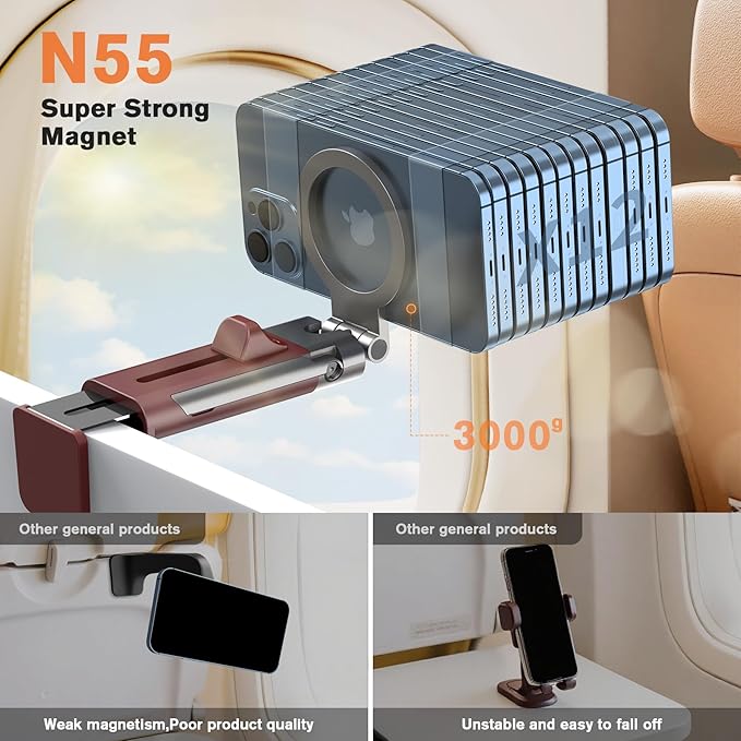 YAGHVEO Airplane Phone Holder Travel Essentials for Women,Magnetic Phone Holder for Plane Tray Table & Luggage Handle,Travel Sized 360° Rotation Foldable Desk Phone Stand for Long Flight Mother's Day