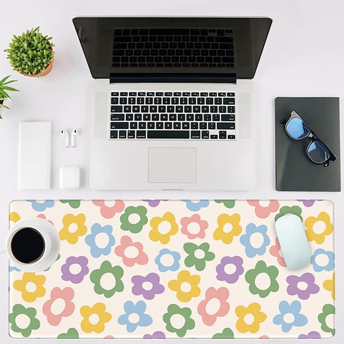 NIYLYNSYN Mouse Pad Large Vintage Groovy Flowers Non-Slip Gaming Desk Mat with Stitched Edge Laptop Keyboard Desk Pad for Work Home Gaming (35.4 x 15.7 Inches)