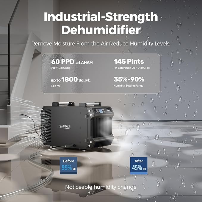 ALORAIR Galaxy 60 Crawl Space Dehumidifier 145 PPD, Commercial Basement Dehumidifier with Drain Hose, Auto Defrost, Compact Portable Dehumidifier for Crawlspaces and Basements, Up to 1,800 Sq. Ft.