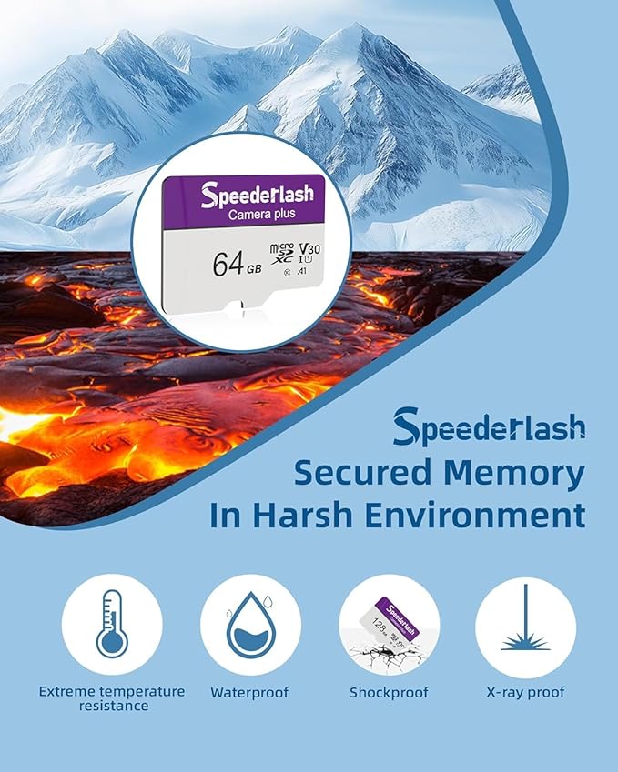 Micro SDXC Memory Card 64GB Pack, Speederlash Camera Plus TF Card with Adapter, 90MB/s Read Speed, 4K UHD&5K Video Support, U3 V30 A1 Rated, for Security Camera, Smartphone, Drone, Tablet, PC