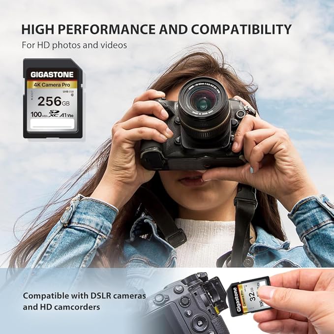 【5-Years Data Recovery】GIGASTONE 256GB SD Card, 4K Camera Pro, UHS-I A1 V30 SDXC Memory Card 4K UHD Video Compatible with Digital Camera, with 1 Mini Case