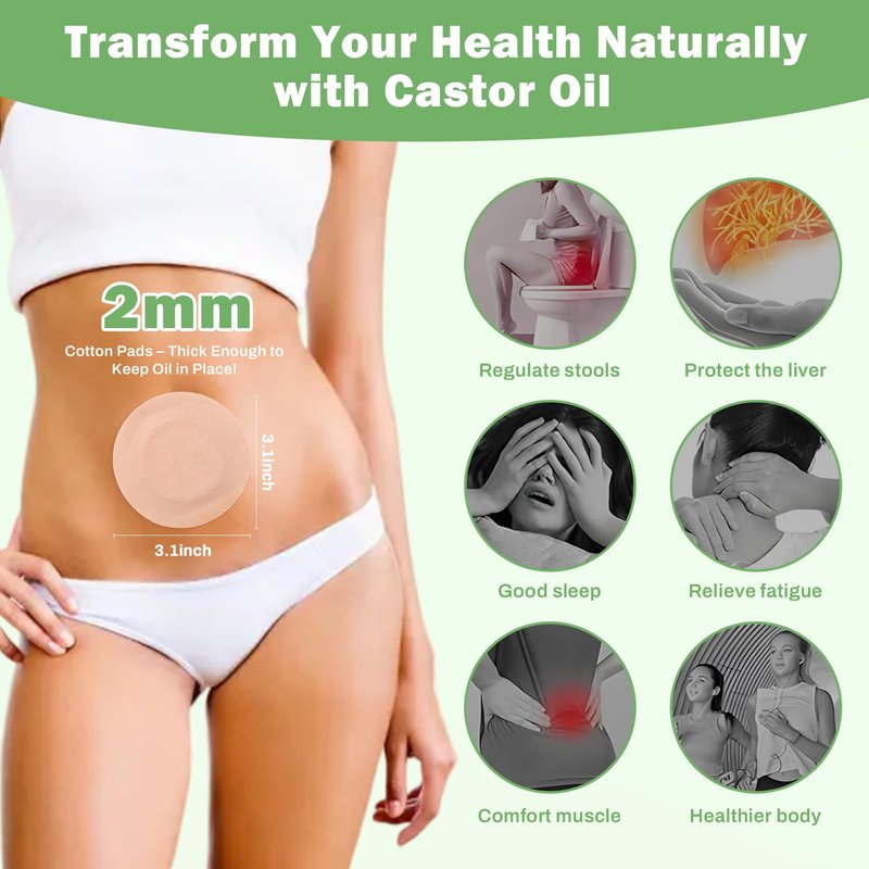 Castor Oil Pack Wrap for Belly Button with 4oz Organic Castor Oil in Glass Bottle, Highly Absorbent Cotton Belly Button Patches Self Adhesive (60pcs belly pack with oil)
