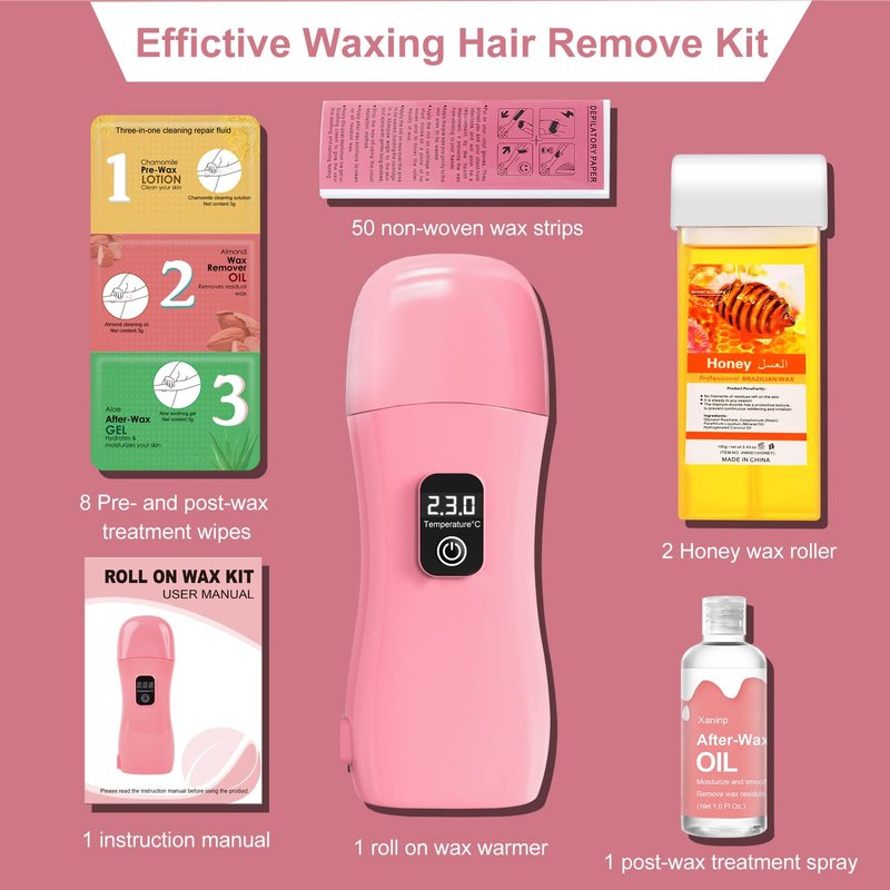 Roll on Wax Kit for Hair Removal - Wax Roller with Digital LED Display, Waxing Kit for Hair Removal for Women, Safe No-Burn At-Home Waxs Warmer, 2 Soft Honey Cartridges & 50 Strips