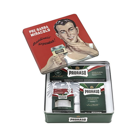 Proraso Shaving Kit - Vintage Gino Tin | Refreshing Pre Shave Cream, Shaving Cream & After Shave Balm for All Beard Types