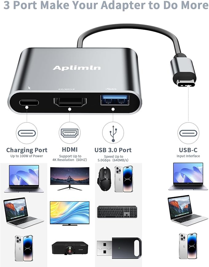 Aplimln USB C to HDMI Adapter, 4K@60Hz HDMI to USB-C Adapter with USBA 3.0 & 100W PD Port Multiport Digital AV Converter for MacBook Pro/Air, iPad, iPhone 15/16, Tablets, Switch, TV, Monitor and More