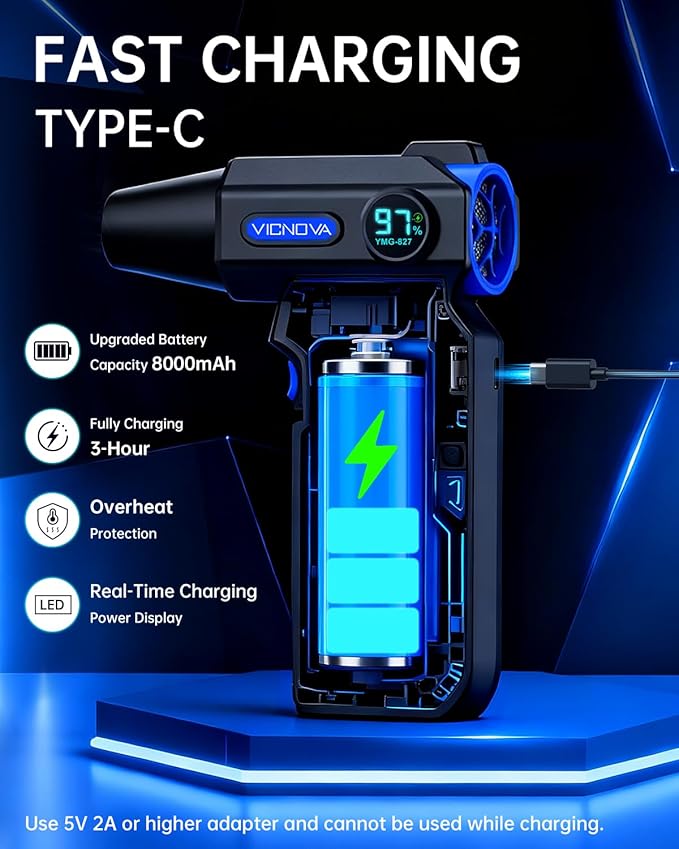VICNOVA Compressed Air Duster, 150000RPM Brushless Motor Cordless Electric Air Blower, 3-Gear Rechargeable Air Duster with LED Light for PC, Computer, Laptop, Keyboard, Car Cleaning, Gifts for Men