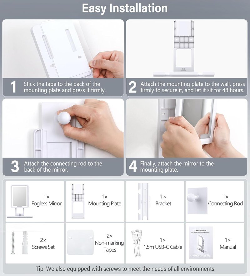 Heated Shower Mirror - Fogless Lighted Shaving Mirror with 360° Adjustable Design | Rechargeable, White