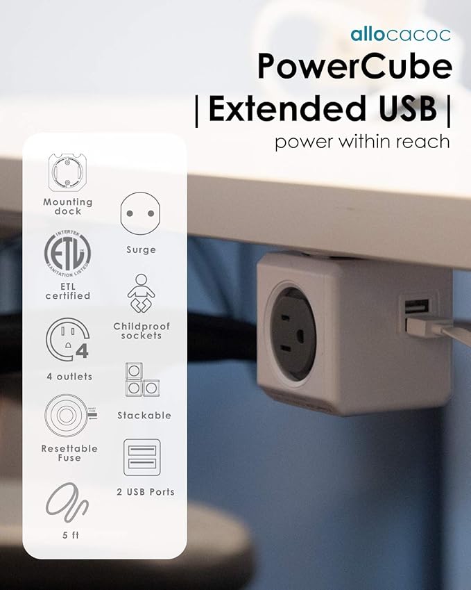 Power Strip Allocacoc PowerCube Extended USB 4 Outlets 2 USB 5ft Surge Protector Outlets Multiplier 15A 125V 1875W 14 AWG Heavy Duty Mounting Dock Travel Home Office Dorm Workspace Compact, ETL (BLUE)